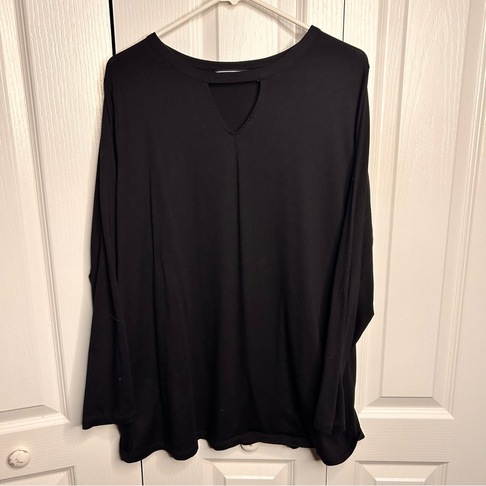 Lands End Knit Top Size 1X 16-18W Solid Black Keyhole Neck Soft Cotton Blend